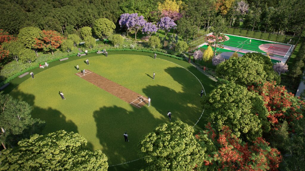 Shriram Forest View cricket ground with sports amenities and greenery.
