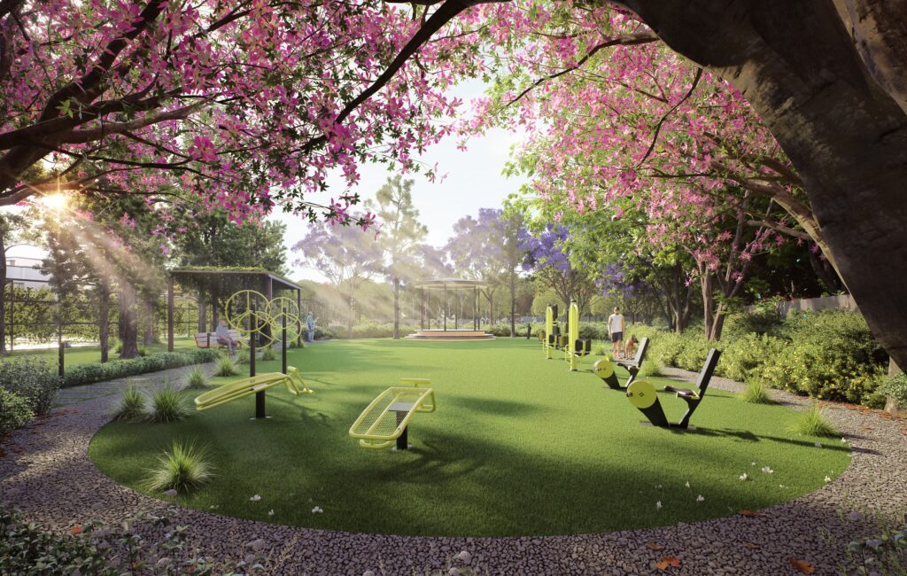Shriram Forest View outdoor gym with fitness equipment and landscaped greenery.